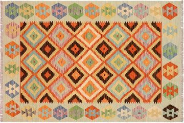 Flat Weave Kilim, Antique, Navaho, Vintage, Handmade, Geometric Kilim Rust Blue Hand-Woven Rectangle 100% Wool Area Rug 4 x 6